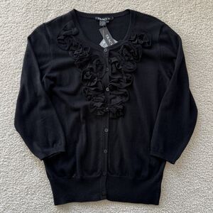 Tracy M Sweater Women Size M Black 3/4 Sleeve Ruffle Front Button Up Cardigan